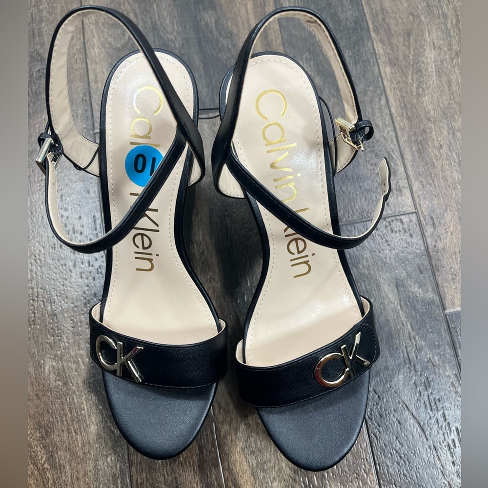 New Calvin Klein Wedge Sandals with Ankle Strap, Size 10, Wedding Party Office